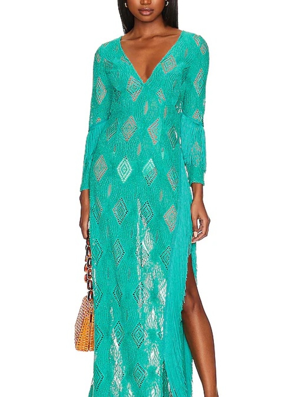 For Love and Lemons Green Victoria Maxi Fringe Dress Small Crochet